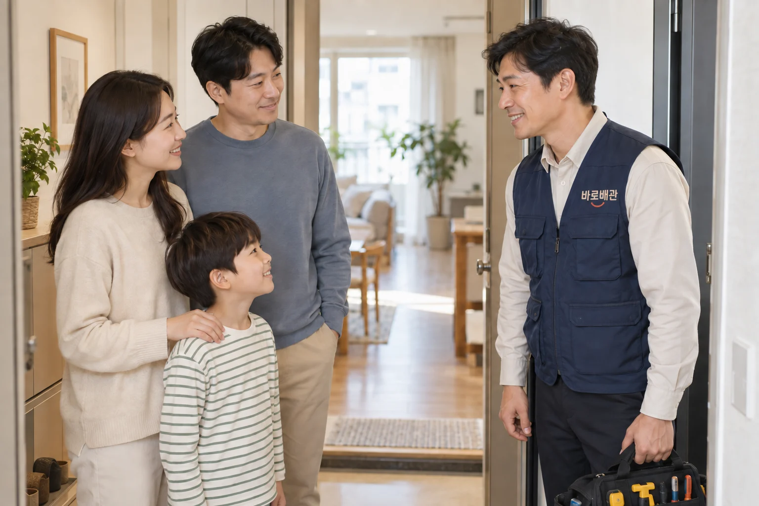 가족과 반갑게 인사하는 바로배관 기사 — AI 연출 이미지