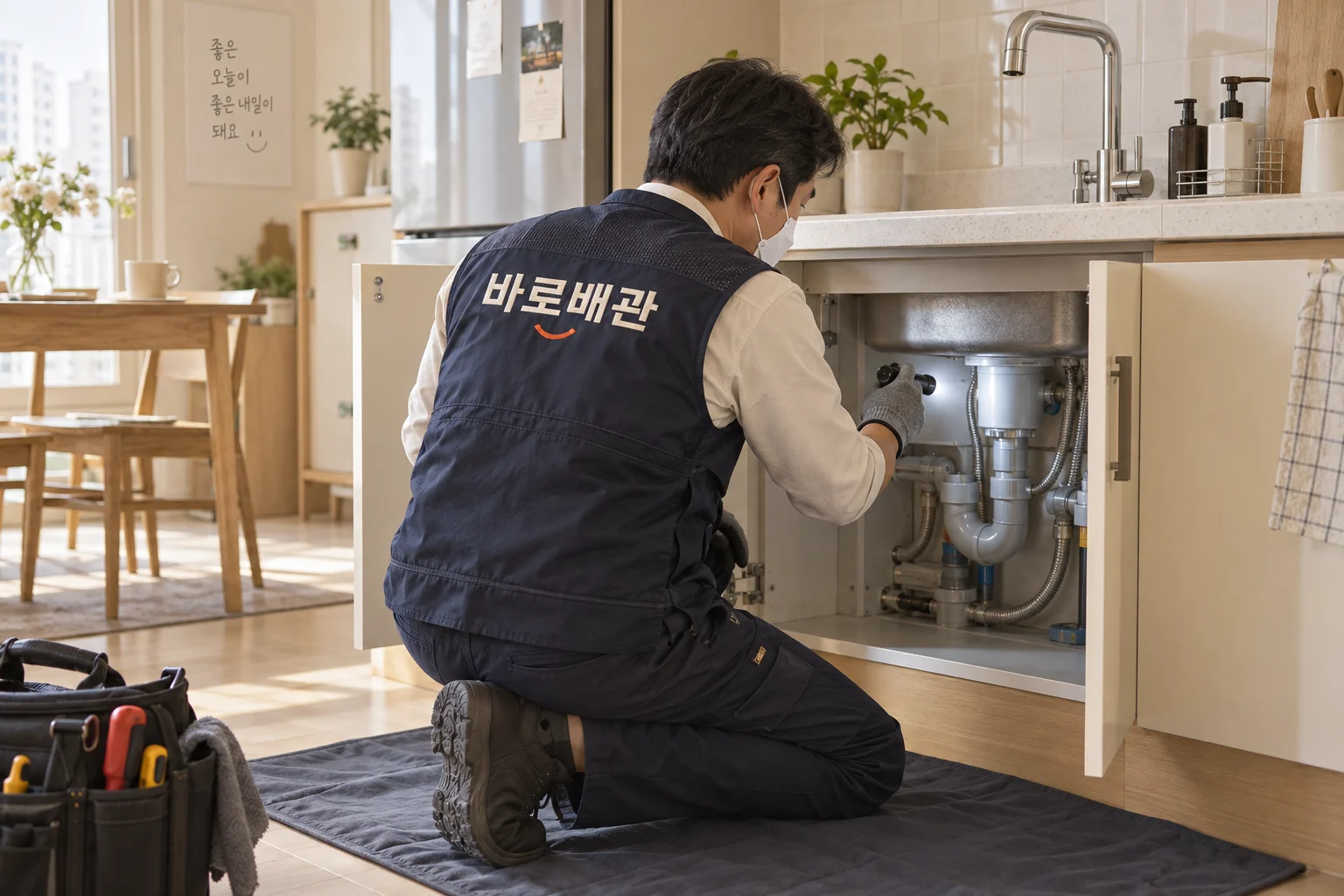 바로배관 기사가 싱크대 하부 배관을 점검하는 모습 — AI 연출 이미지