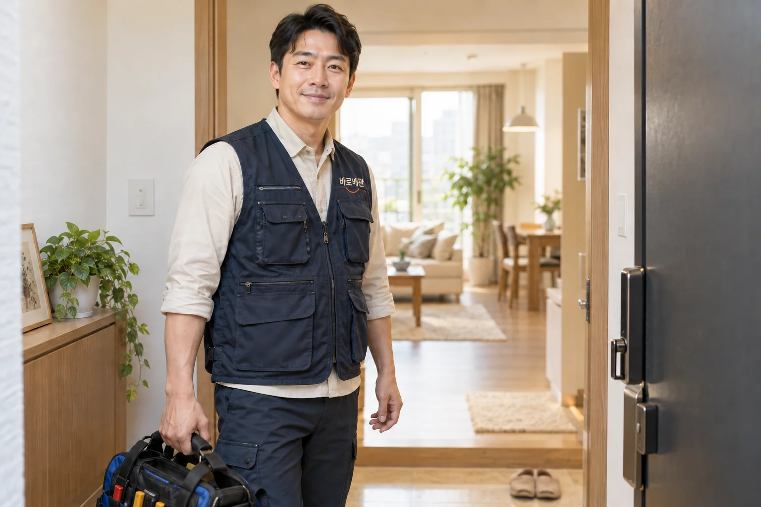 바로배관 조끼를 입고 미소 짓는 기사 — AI 연출 이미지